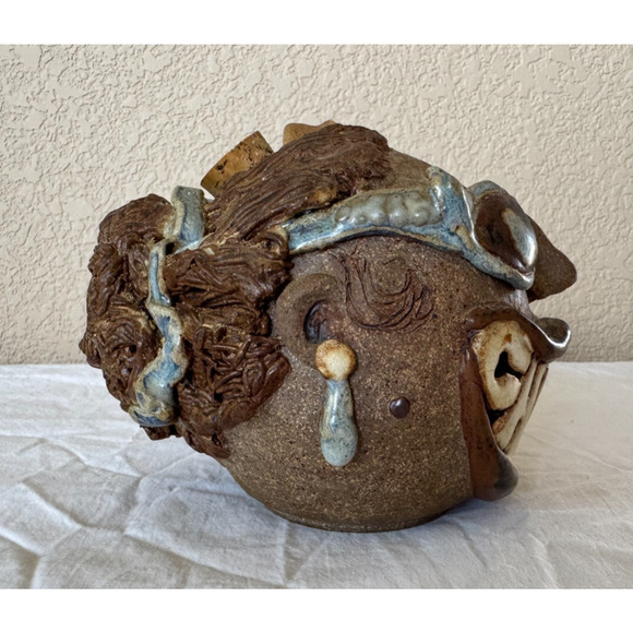 Handmade Pottery Folk Art Ugly Face Jug Big Toothy Smile CHEESE Signed - Picture 8 of 10
